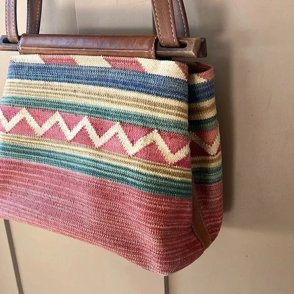Vintage Boho Southwestern Textile Purse with Leather Trim Convertible Strap